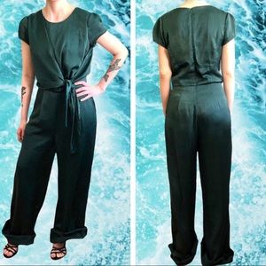 Lulus "Let Me Entertain You" Forest Green Satin Wide-Leg Jumpsuit, Size S